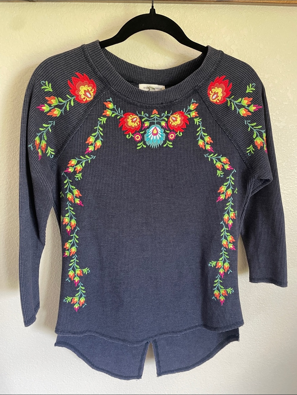 Angel + Premium Navy Waffle Knit Boho Thermal Top S Multicolor Floral Embroidery